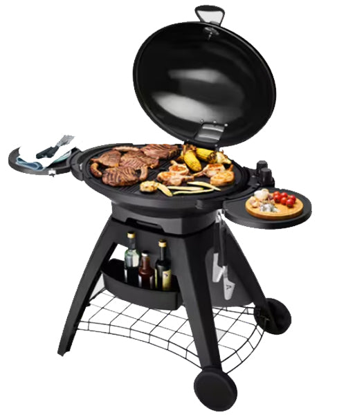 Beefeater Black Big Bugg BB722BA gas BBQ with lid open showing grilled food on a plate ready to serve