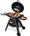 Beefeater Black Big Bugg BB722BA gas BBQ with lid open showing grilled food on a plate ready to serve