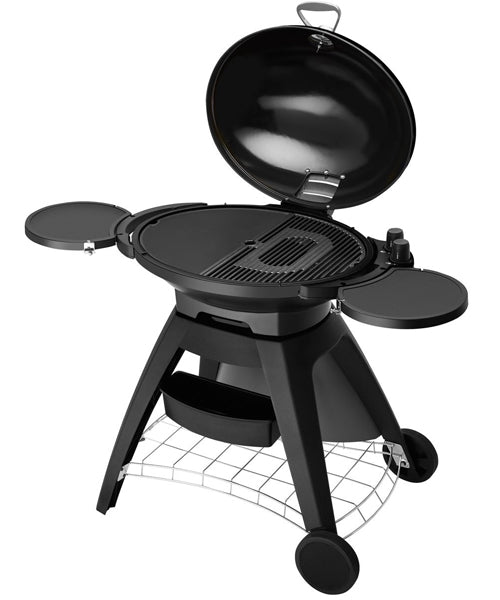 Beefeater Black Big Bugg BB722BA gas barbecue side view open lid highlighting spacious cooking area