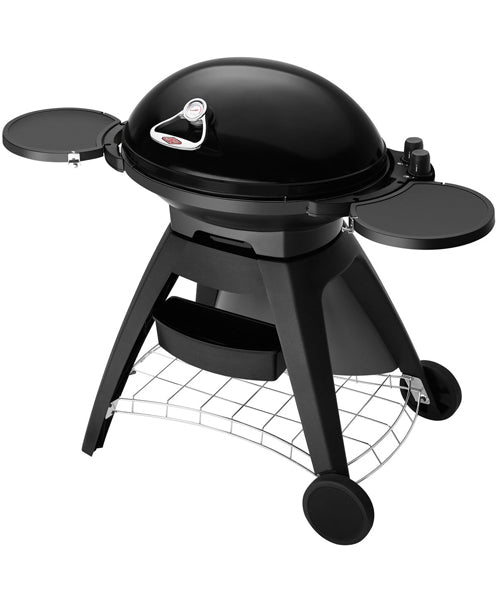 Beefeater Black Big Bugg BB722BA gas BBQ side view showing burners, side shelves, and grill body design